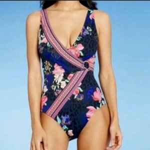 NWT ~ Women's One Piece Floral Wrap Front Swimsuit ~ Aqua Green ~ Sz Large 12-14